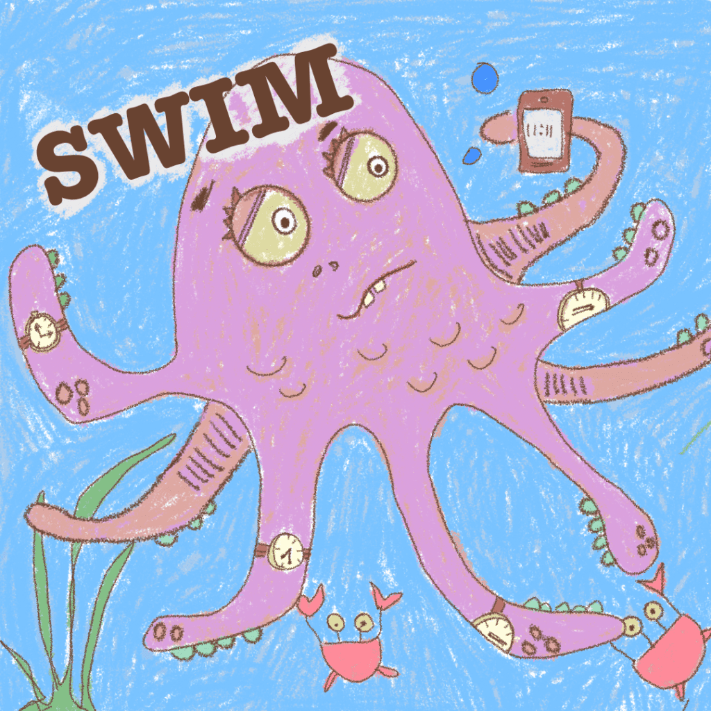 illustration. octopus and the words swim. by hlawulani mkhabela